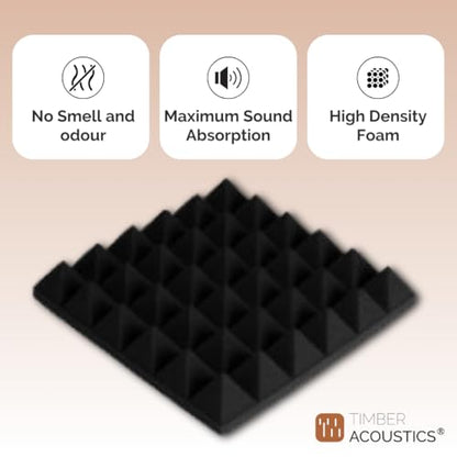 Timber Acoustics Pyramid Foam Panels, Room Acoustics & Soundproofing (12" x 12" x 2")