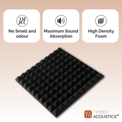 Timber Acoustics Soundproofing Pyramid Acoustic Foam Panels, 2x Echo Reduction + Noise Absorption, 1 Sheet 6x3 Feet, 2" Thick (Single)